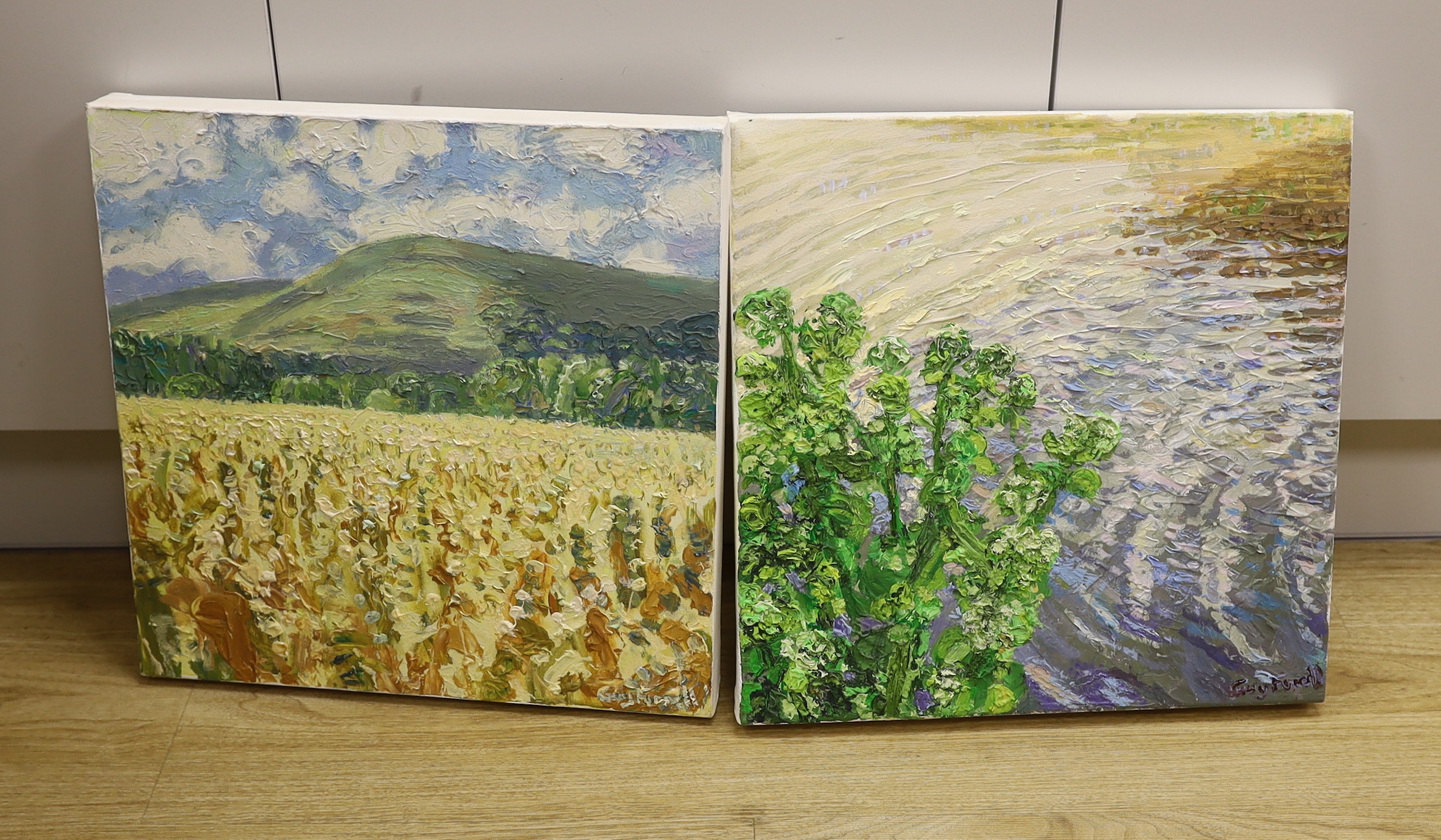 Guy Funnell (contemporary) pair of impasto oils on canvas, Landscapes, each signed, 40 x 40cm, unframed